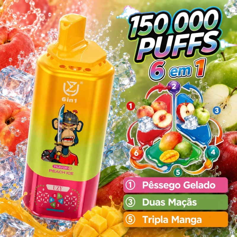 UZY 6 em 1 150000 Puffs Vape Descartável, Sabor Pêssego Gelado