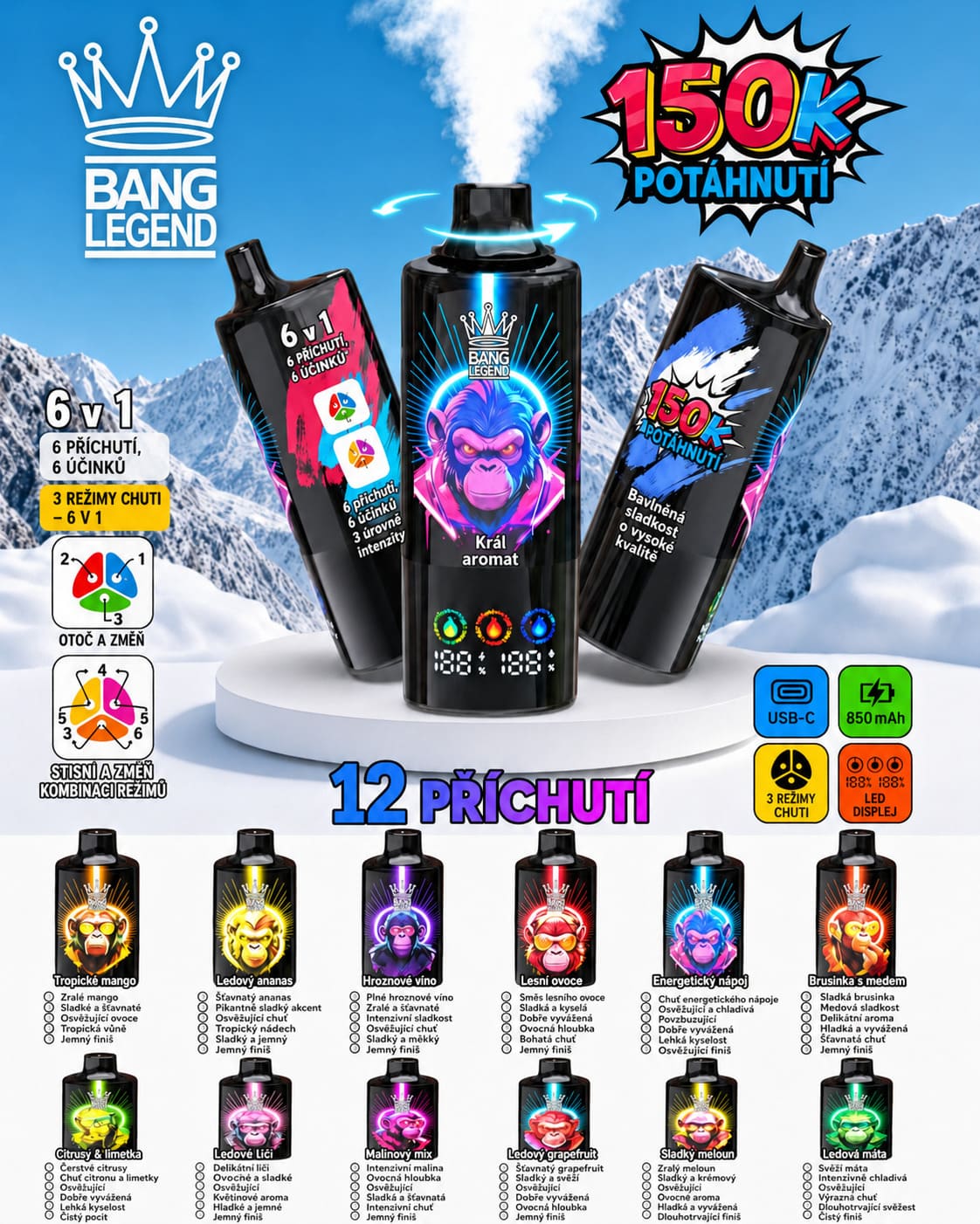 Bang Legend 150K 6 v 1 – přehled 12 variant ovocných, sladkých a ledových příchutí