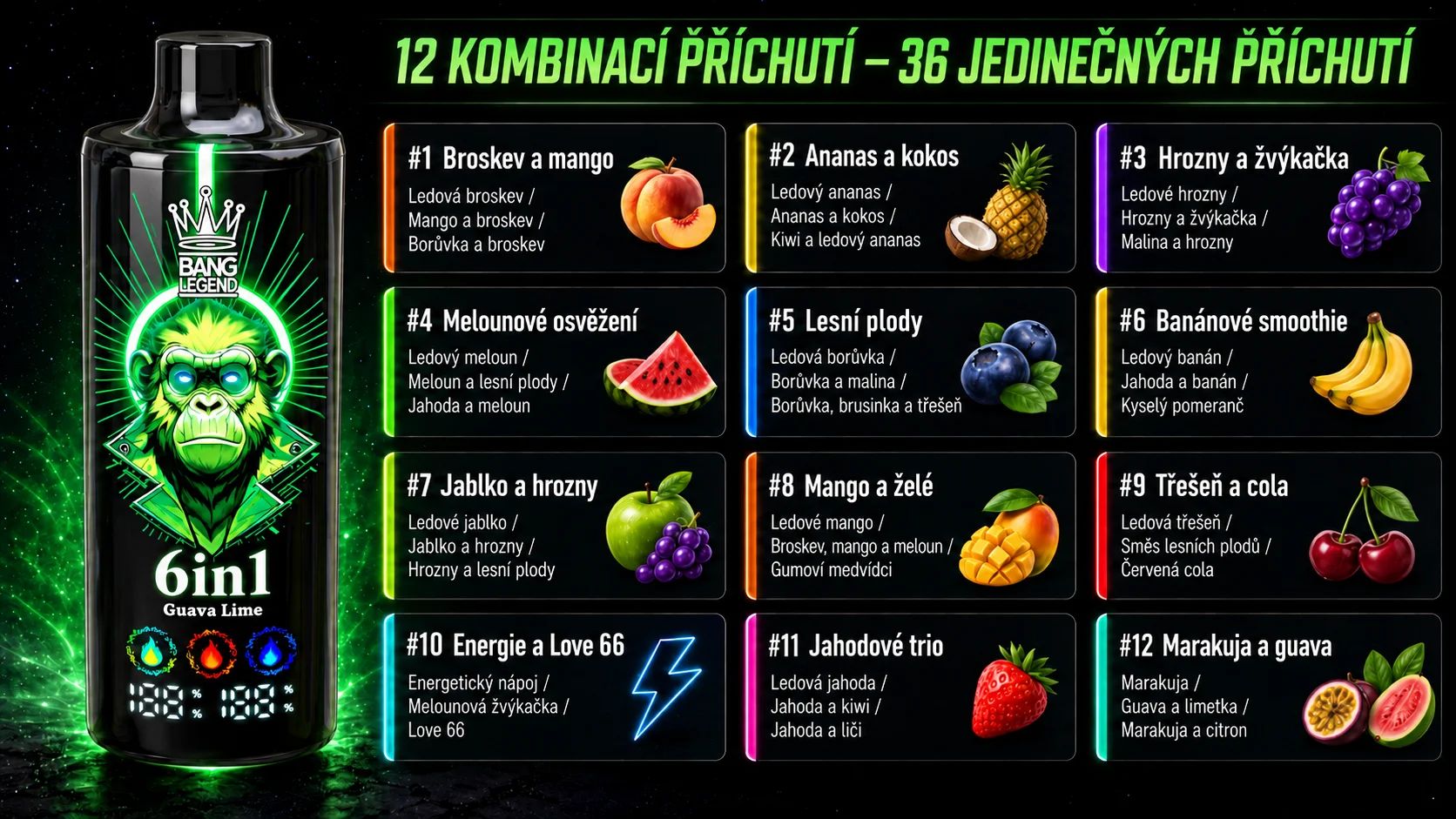 Bang Legend 150K 12 Kombinace příchutí 36 Jedinečných příchutí
