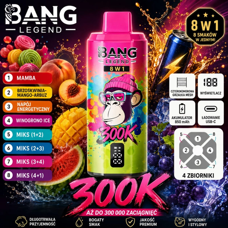 Bang Legend 300K 8w1 jednorazowy vape – Żelki Misie, Miks Owoców Leśnych, Truskawka-Arbuz, Limonkowy Romans
