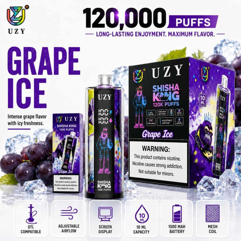UZY Shisha Hookah King 120K Iced Grape Flavor Vape with Cool Grape Taste