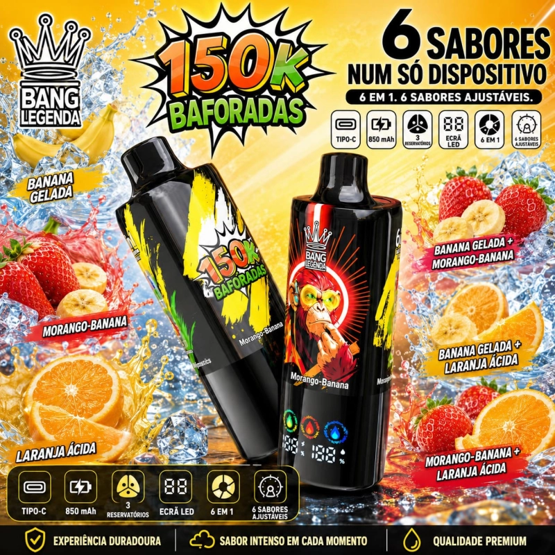 Vape descartável Banana Refrescante 150K com banana gelada, morango e banana e limão lima, sabor doce e fresco