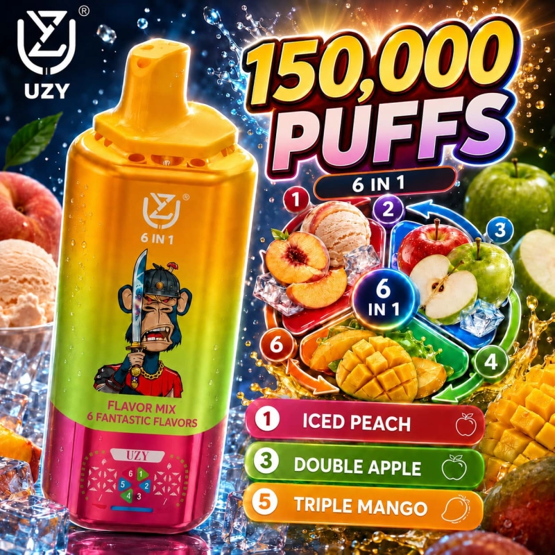 UZY 150K Puffs Peach Ice Double Apple Ice Triple Mango Ice flavor vape
