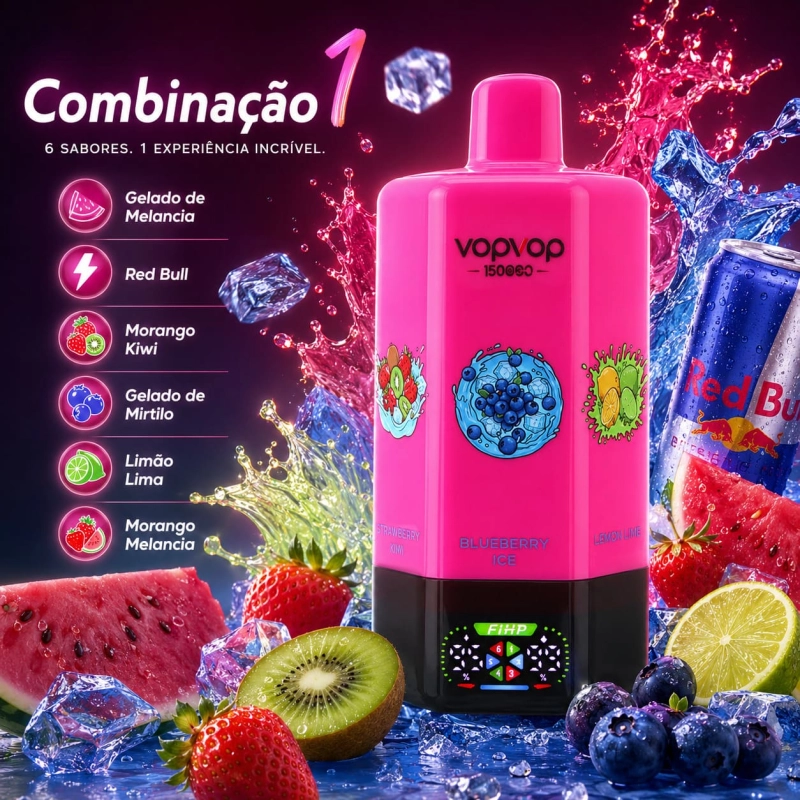 VOPVOP 150 000 Puffs Combinação 1 vape descartável 6 em 1 com Gelado de Melancia, Red Bull, Morango-Kiwi, Gelado de Mirtilo, Limão-Lima e Morango-Melancia