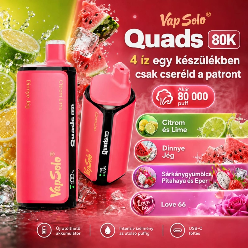 Vapsolo Quads 80K 4 az 1-ben eldobható vape – lime-citrom, jeges görögdinnye, Black Dragon Ice eperrel és Love66 ízek