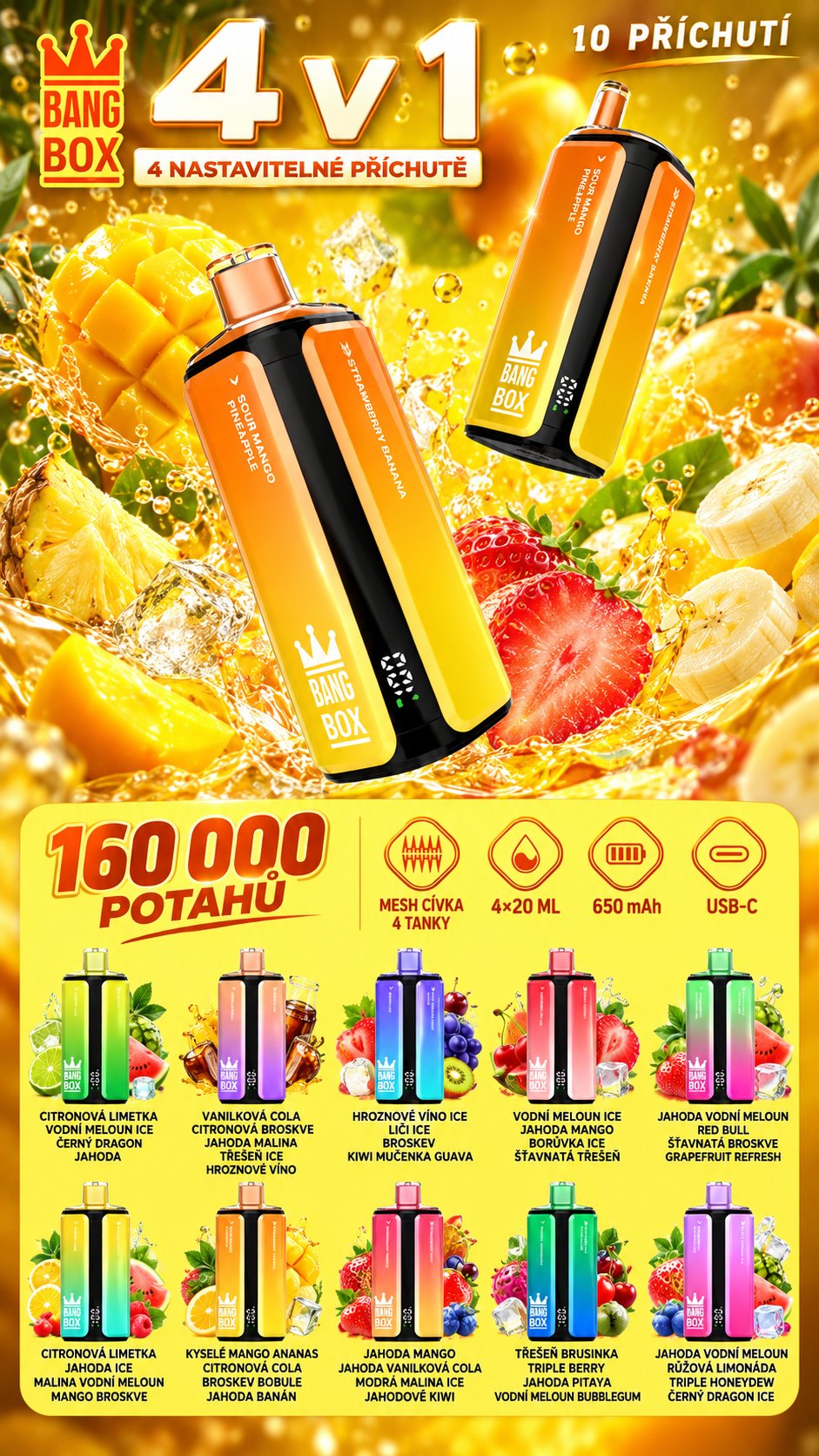 Dostupné kombinace čtyř příchutí Bang Box 160K