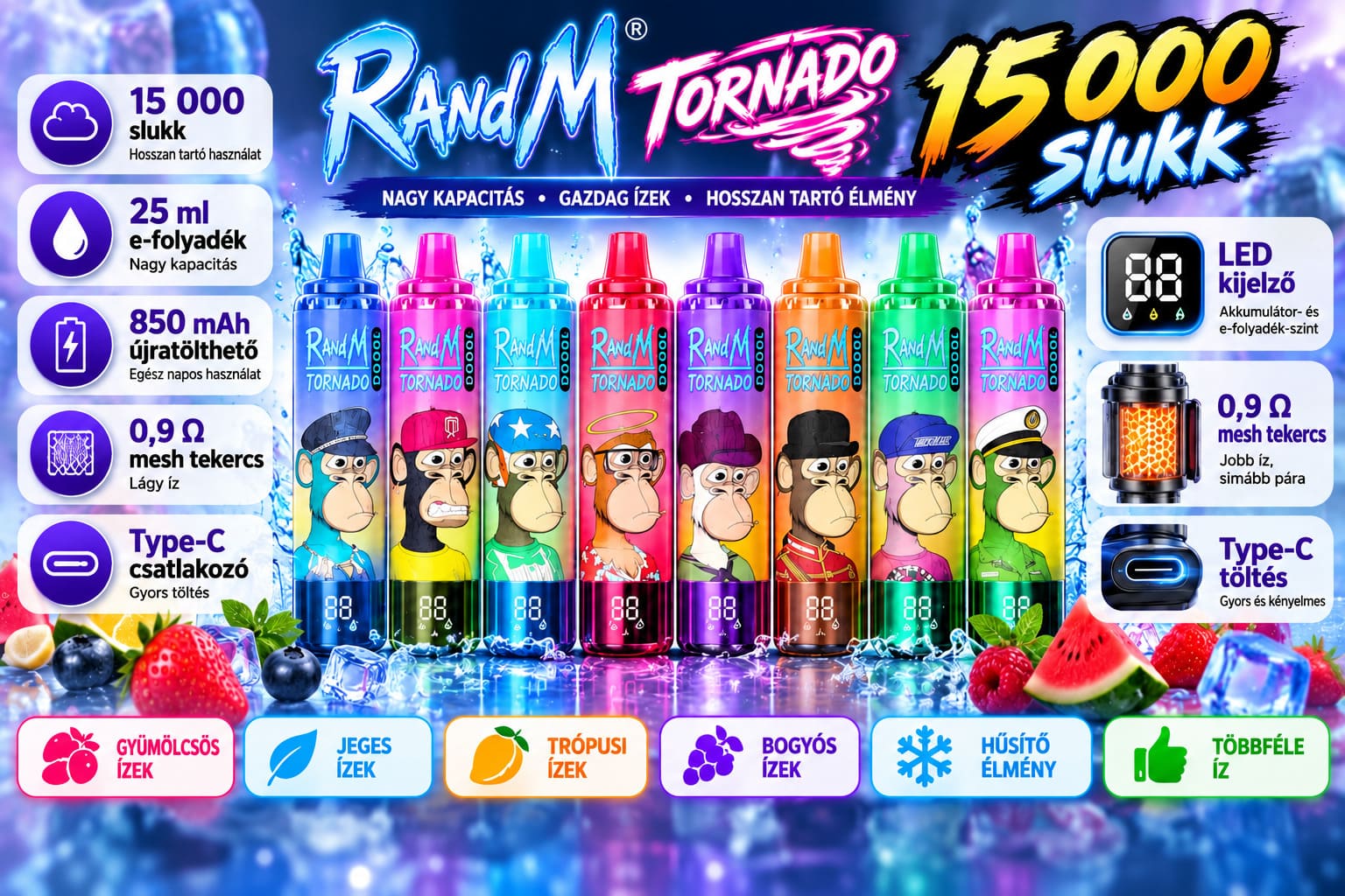 RandM Tornado 15000 – újratölthető vape többféle ízben, 25 ml e-folyadékkal, LED kijelzővel és Type-C töltéssel