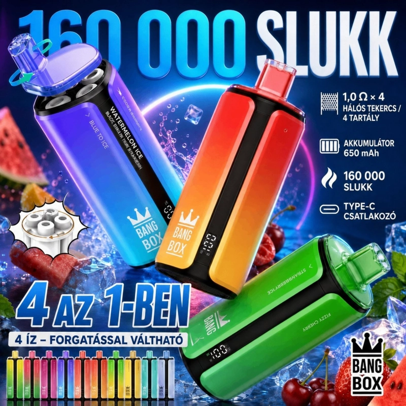 Bang Box 4 az 1-ben 160 000 slukk eldobható e-cigaretta, gyümölcsös jég ízek