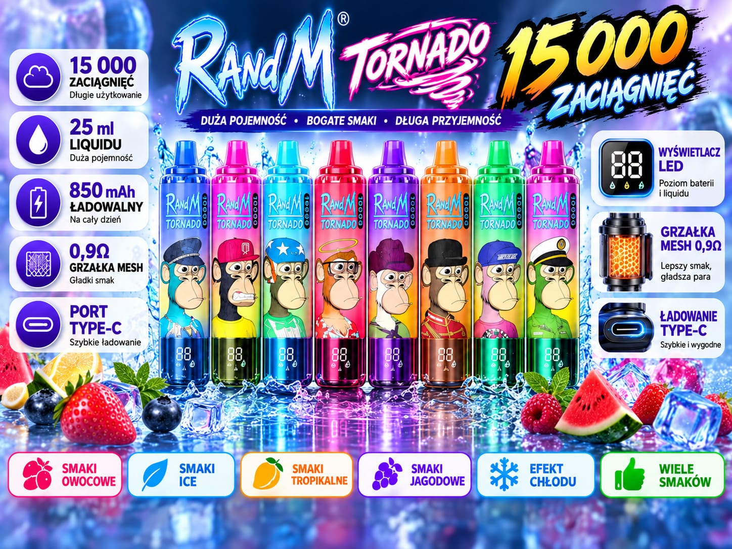 RandM Tornado 15000 – różne warianty kolorystyczne i smakowe urządzenia