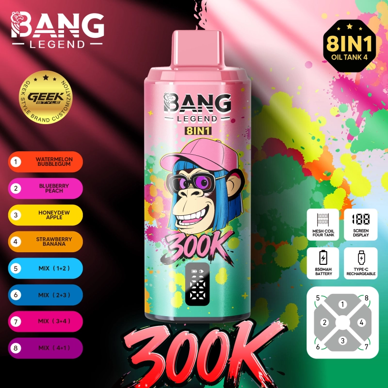 Bang Legend 300K 8-in-1 Flavors Disposable Vape – Több ízű, 300 000 szippantásos élmény12. gyümölcsös savanyú őszibarack+áfonya jég+kaliforniai cseresznye+eper mangó