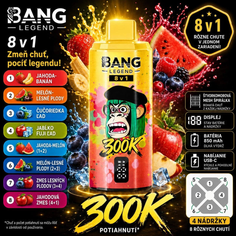 Bang Legend 300K 8v1 príchuť Banana Berry Ice – jahoda, banán, vodný melón a čučoriedka vape