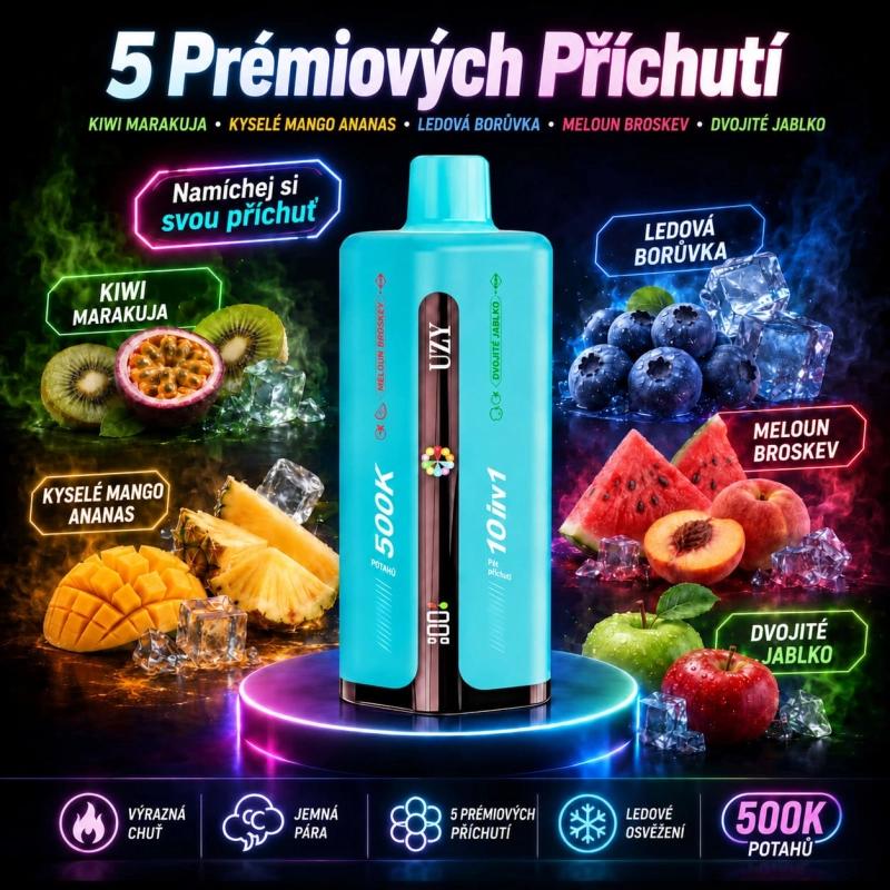 Ovocné příchutě UZY 10v1 s melounem broskví, jablkem a tropickým ovocem