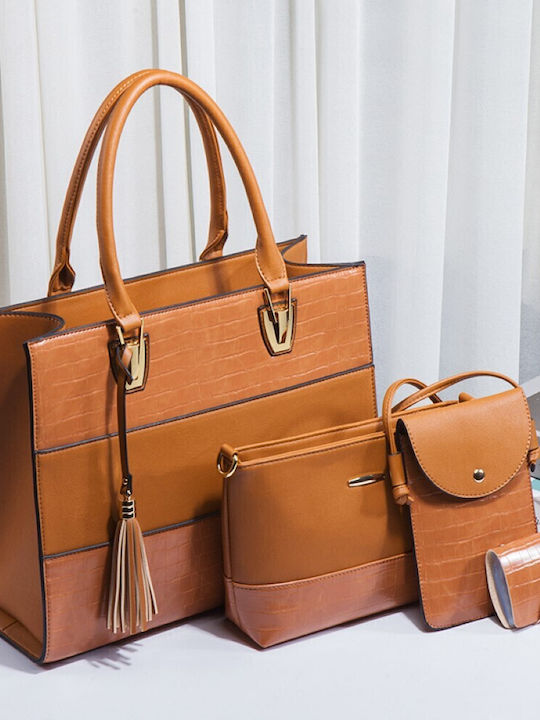 Σετ Γυναικεία Τσάντα Shopper Ώμου Καφέ