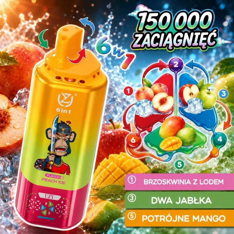 UZY 6 w 1 150000 Jednorazowy e-papieros, Brzoskwinia z lodem i owoce