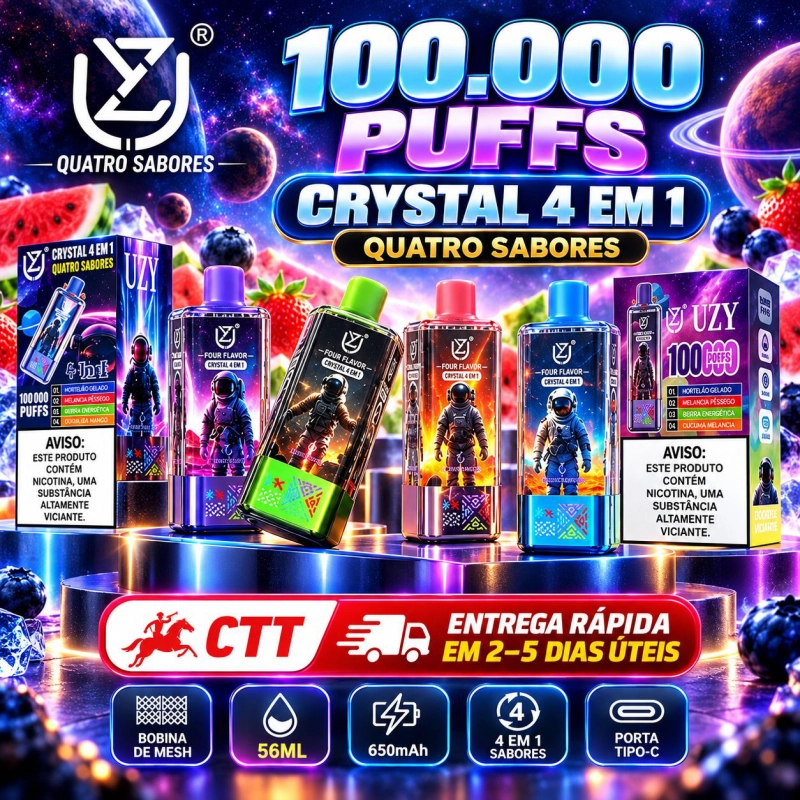 Vape-descartável-UZY-Crystal-4-em-1-com-100-000-puffs-e-4-sabores,-coleção-completa-de-12-sabores