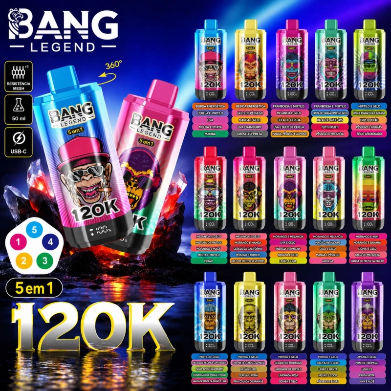 Vape descartável Bang Legend 120K 5 em 1 recarregável com 120.000 puffs, ecrã LED, bateria 850mAh e carregamento USB-C