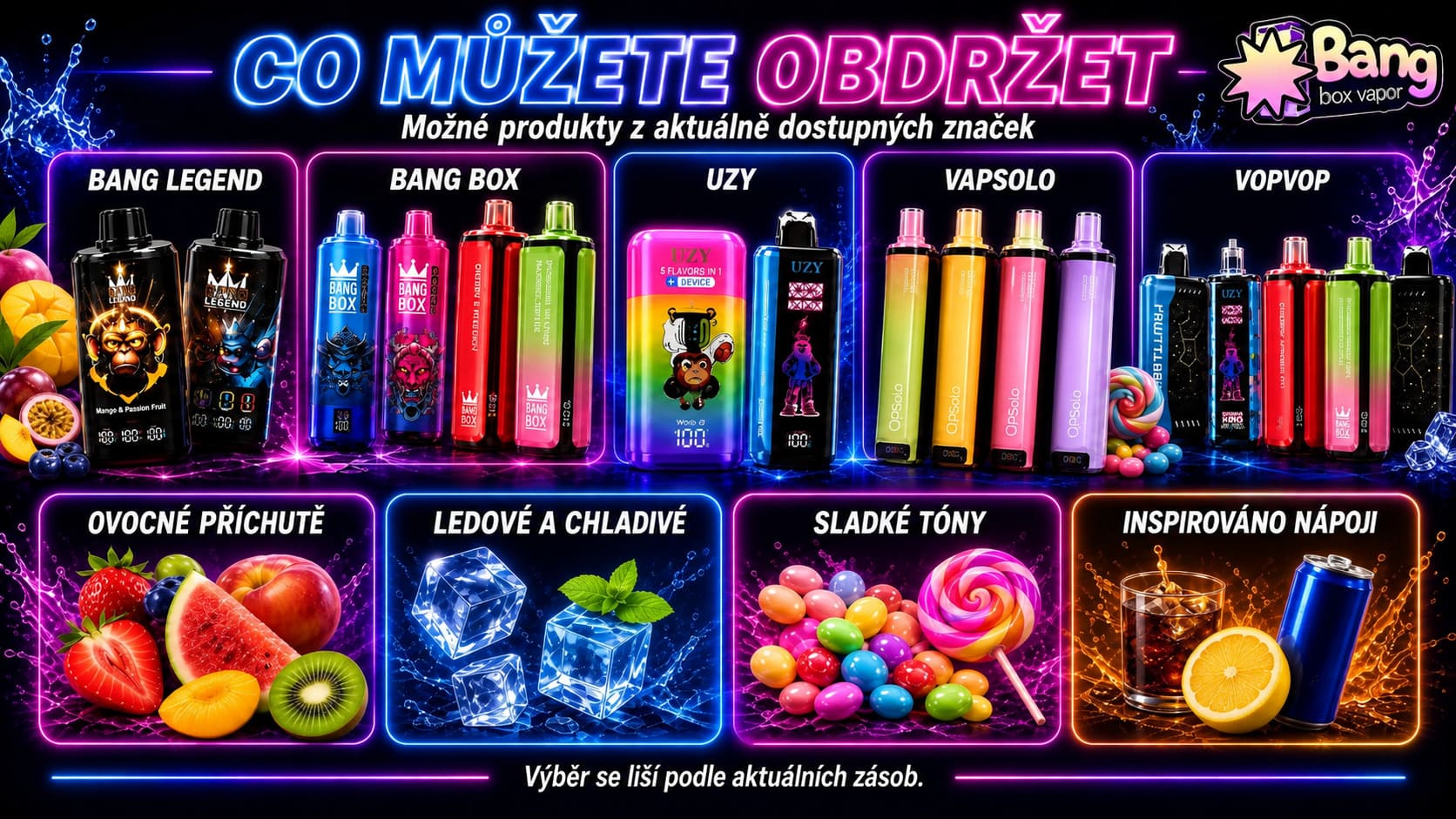 Možné produkty v Bangbox-Vapor Mystery Boxu včetně Bang Legend, Bang Box, UZY, VapSolo, VOPVOP a různých příchutí