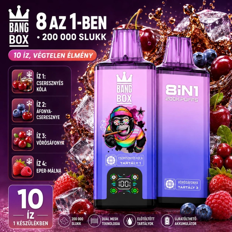 BangBox 200K eldobható vape – meggy–szőlő, áfonya–eper, vörös áfonya és eper–málna íz