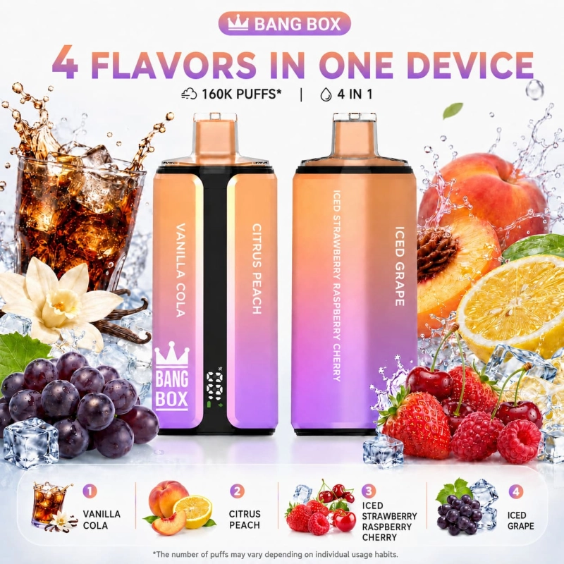 Bang Box 160K flavor set 03 with Iced Grape, Iced Lychee, Peach Blueberry and Kiwi Passion Fruit