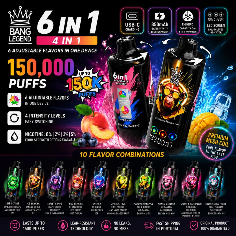 Bang Legend 150K Puffs 6-in-1 rechargeable vape with LED display and multiple flavors