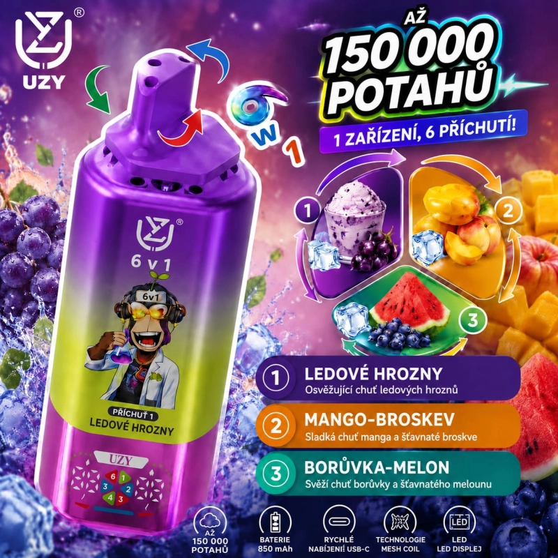 UZY 150K 6v1 jednorázová e-cigareta – Ledové hrozny, Mango s broskví, Borůvka s melounem
