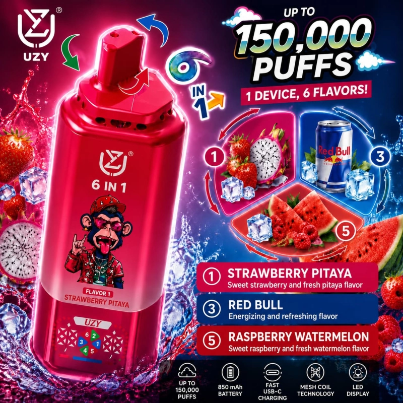 UZY 150K Puffs Strawberry Dragon Fruit Red Bull Raspberry Watermelon flavor vape