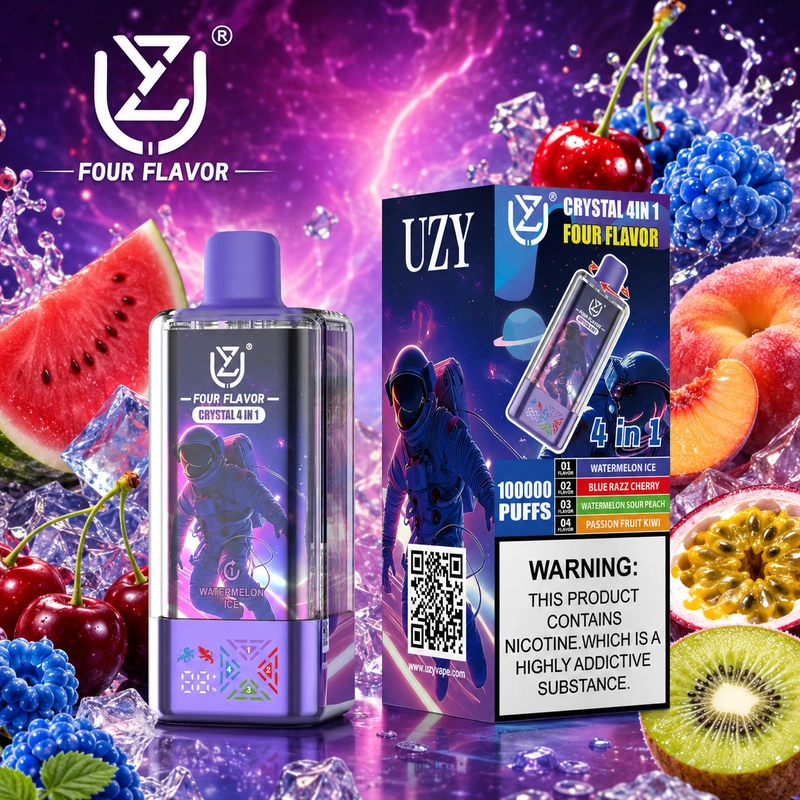 UZY 100K 4 az 1-ben eldobható vape – görögdinnye jég, kék málna-cseresznye, görögdinnye-őszibarack és maracuja-kiwi ízkészlet