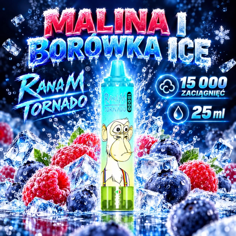 RandM Tornado 15000 o smaku Kwaśne Jagody Malina Ice – 25 ml, USB-C