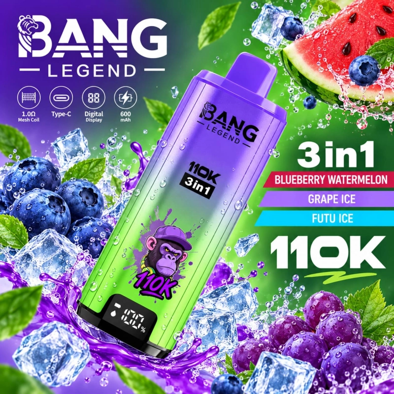 Vape Bang Legend 110K com sorvete de mirtilo, melancia e uva com sabor Fuji