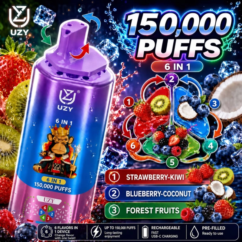 UZY 150K Puffs Strawberry Kiwi Blueberry Coconut Wild Berries flavor vape