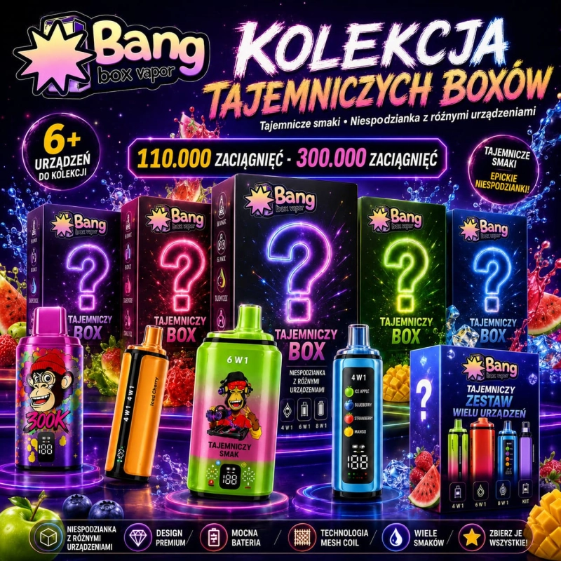 Kolekcja Mystery Box Smaków z różnymi modelami urządzeń