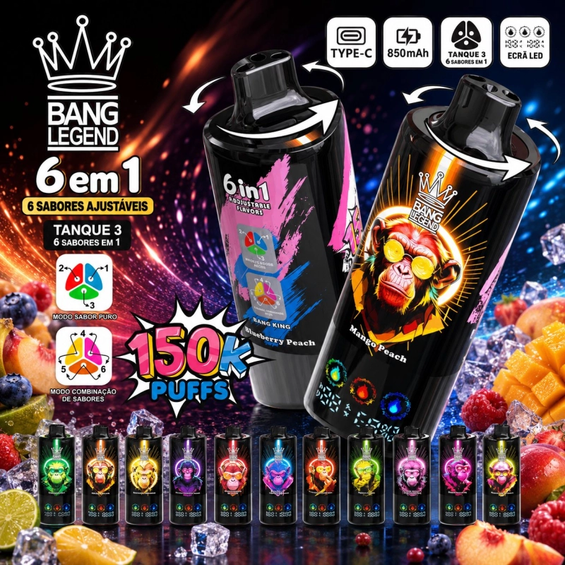 Bang Legend 6 em 1 150000 Puffs Vape Descartável, 6 sabores ajustáveis