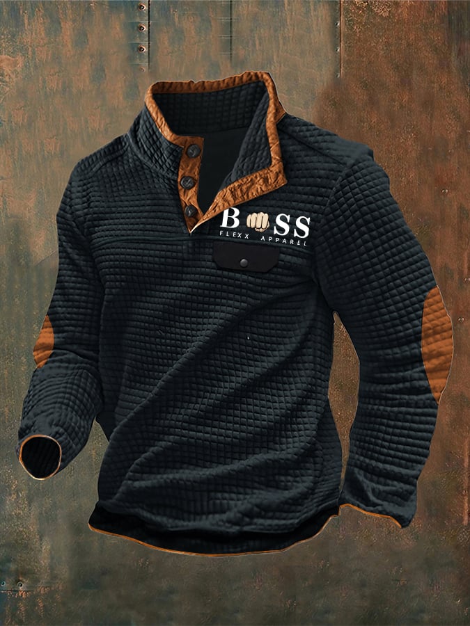 Sweatshirt de homem com estampado de letras vintage com colarinho e botão de verificação