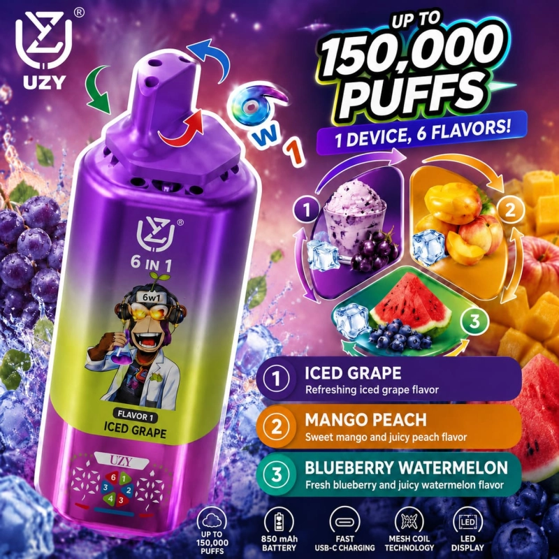 UZY 150K Puffs Grape Ice Mango Peach Blueberry Watermelon flavor vape