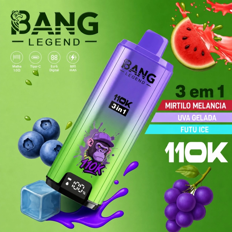 Bang Legend 110000 Vape Descartável, Mirtilo Melancia e Uva Gelada