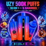 UZY 500K Penta Flavor 10 em 1, dispositivo vape azul e laranja com cinco sabores individuais e cinco modos de mistura.