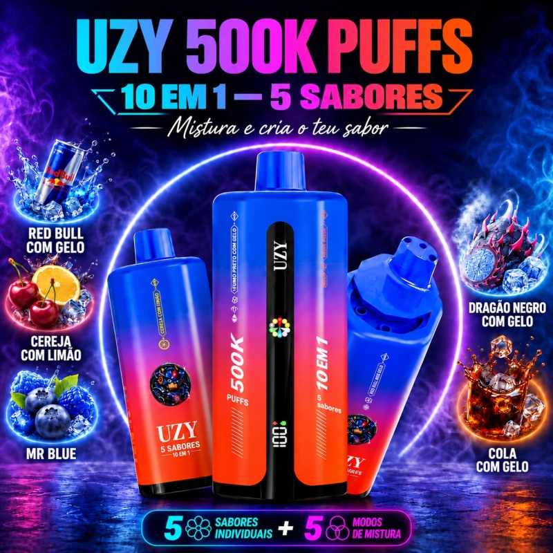 UZY 500K Penta Flavor 10 em 1, dispositivo vape azul e laranja com cinco sabores individuais e cinco modos de mistura.