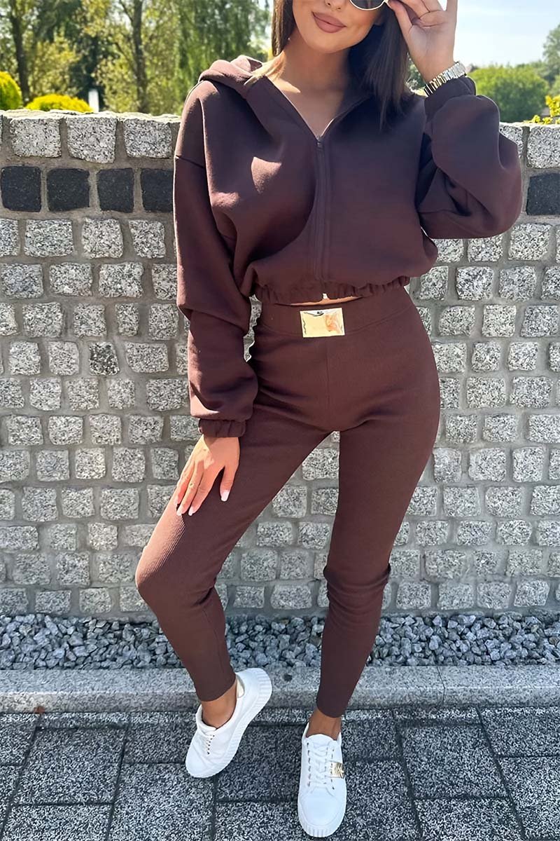 Women's Casual Sports Hooded Zip Top and Leggings Set