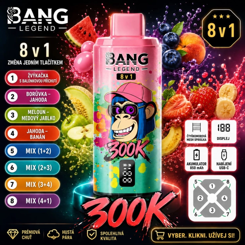 Bang Legend 300K 8 v 1 – melounová žvýkačka, broskev s ovocným ledem, meloun s jablkem a jahoda s banánem
