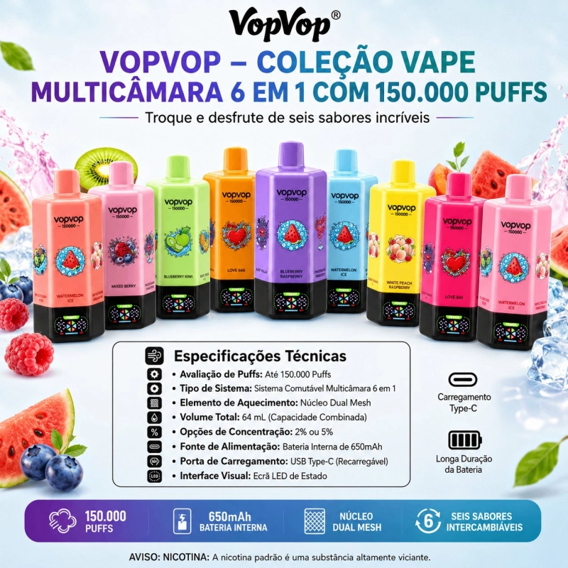 VopVop Multicâmara 6 em 1 150.000 Puffs Vape Descartável, Cores Variadas