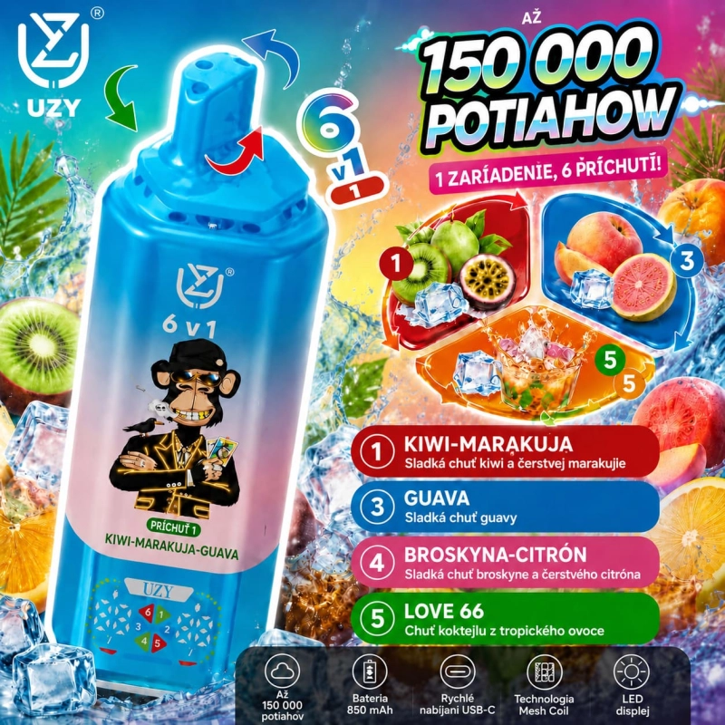 UZY 150 000 potiahnutí 6 v 1 – kombinácia príchutí kiwi, marakuja a guava, broskyňa s citrónom a Amor 66