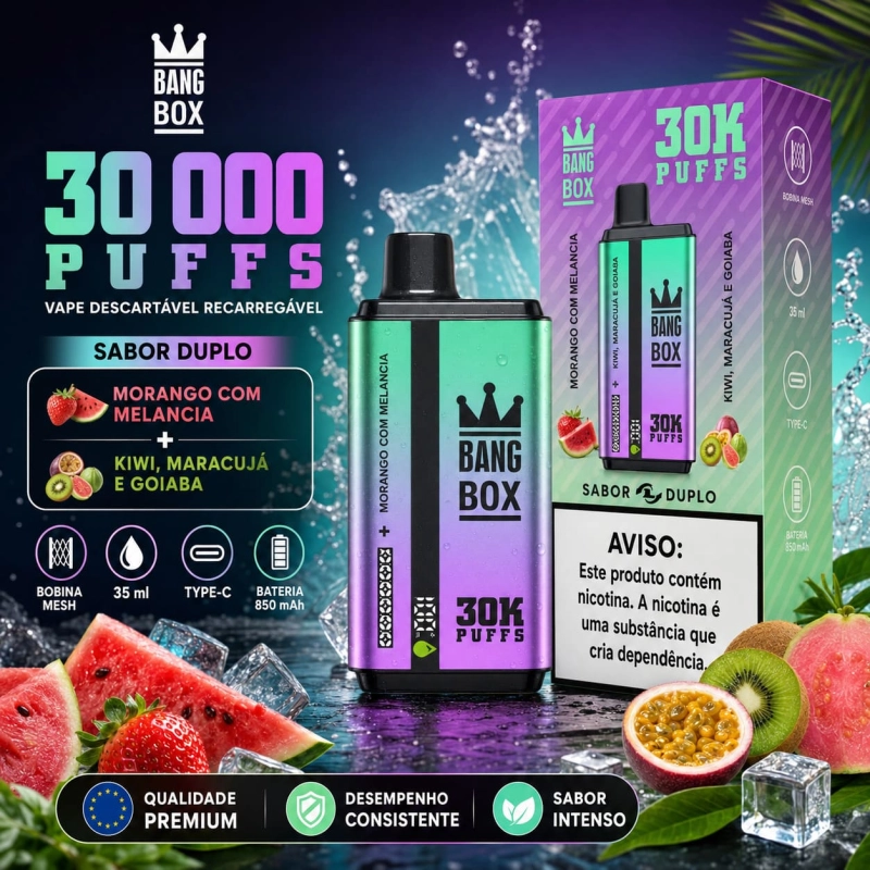 Bang Box 30000 Puffs vape descartável recarregável com dois sabores morango melancia e kiwi maracujá goiaba