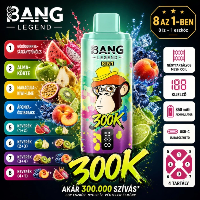 Bang Legend 8in1 300K görögdinnye pitaya alma körte maracuja kiwi lime áfonya eldobható vape ízek