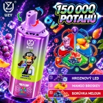 Fialová jednorázová vape UZY 150 000 potahů 6v1 s příchutěmi Grape Ice, Hroznový LED, Mango Broskev a Borůvka Meloun