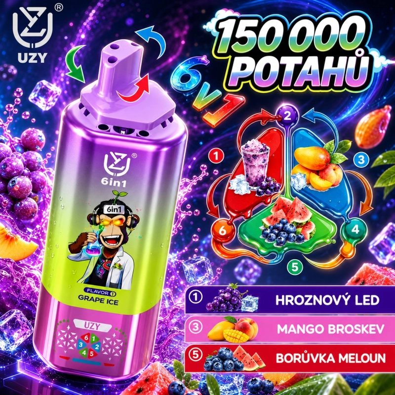 Fialová jednorázová vape UZY 150 000 potahů 6v1 s příchutěmi Grape Ice, Hroznový LED, Mango Broskev a Borůvka Meloun