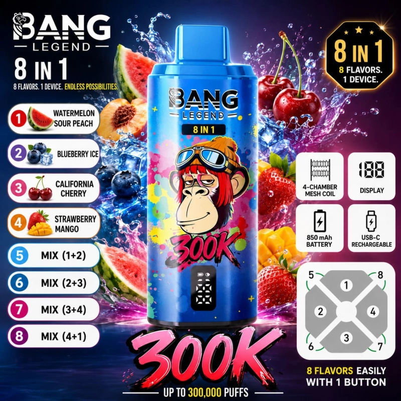 Bang Legend 300K 8-in-1 vape with Watermelon Sour Peach, Blueberry Ice, California Cherry and Strawberry Mango