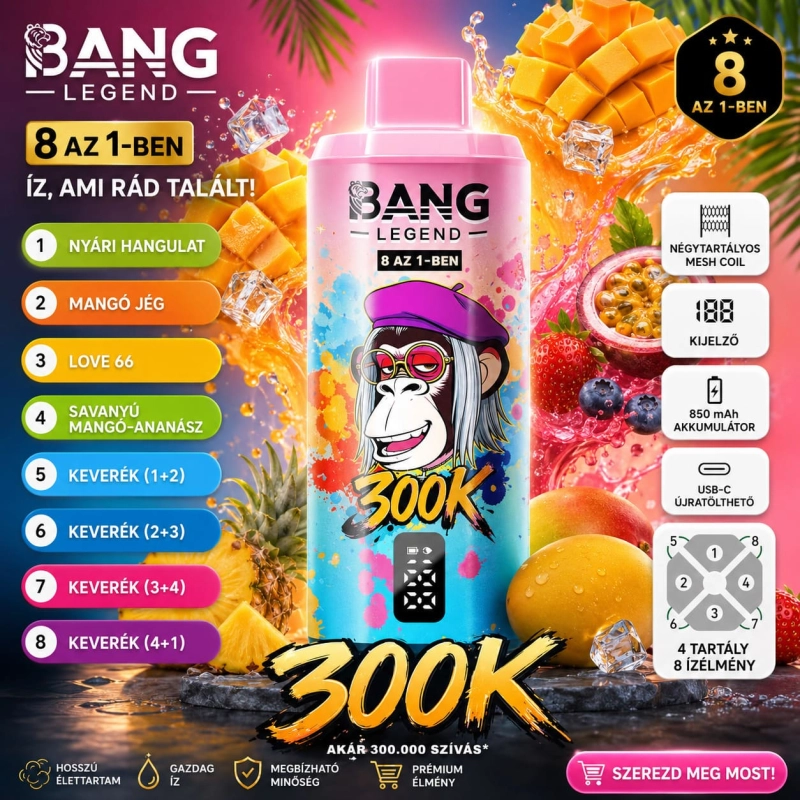 Bang Legend 8in1 300K nyári mangó jégkrém szerelem 66 savanyú mangó ananász eldobható vape ízvariációk