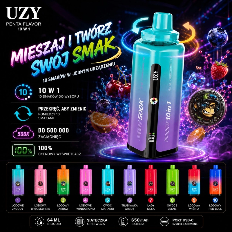 UZY Penta Flavor 10 w 1 500000 buchnięć jednorazowy e-papieros, różne smaki owocowe