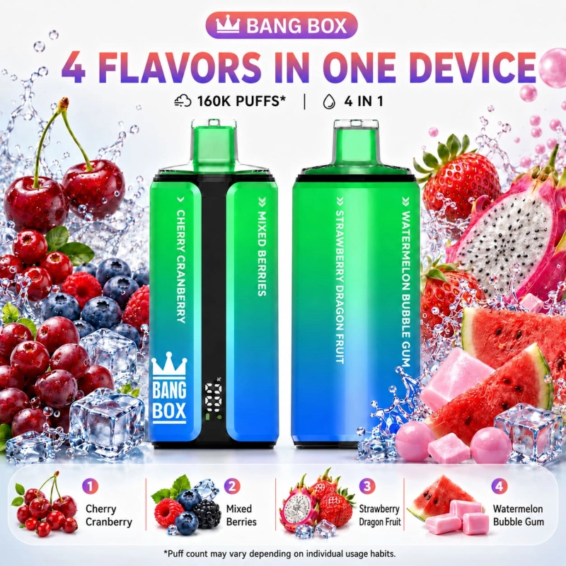 Bang Box 160K flavor set 09 with Cherry Blueberry, Mixed Berries, Strawberry Dragon Fruit and Watermelon Bubble Gum