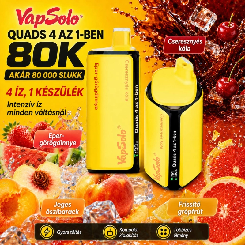 Vapsolo Quads 80K 4 az 1-ben eldobható vape – rózsaszín limonádé, kiwi-maracuja-guáva, barack-bogyós és eper-banán ízek